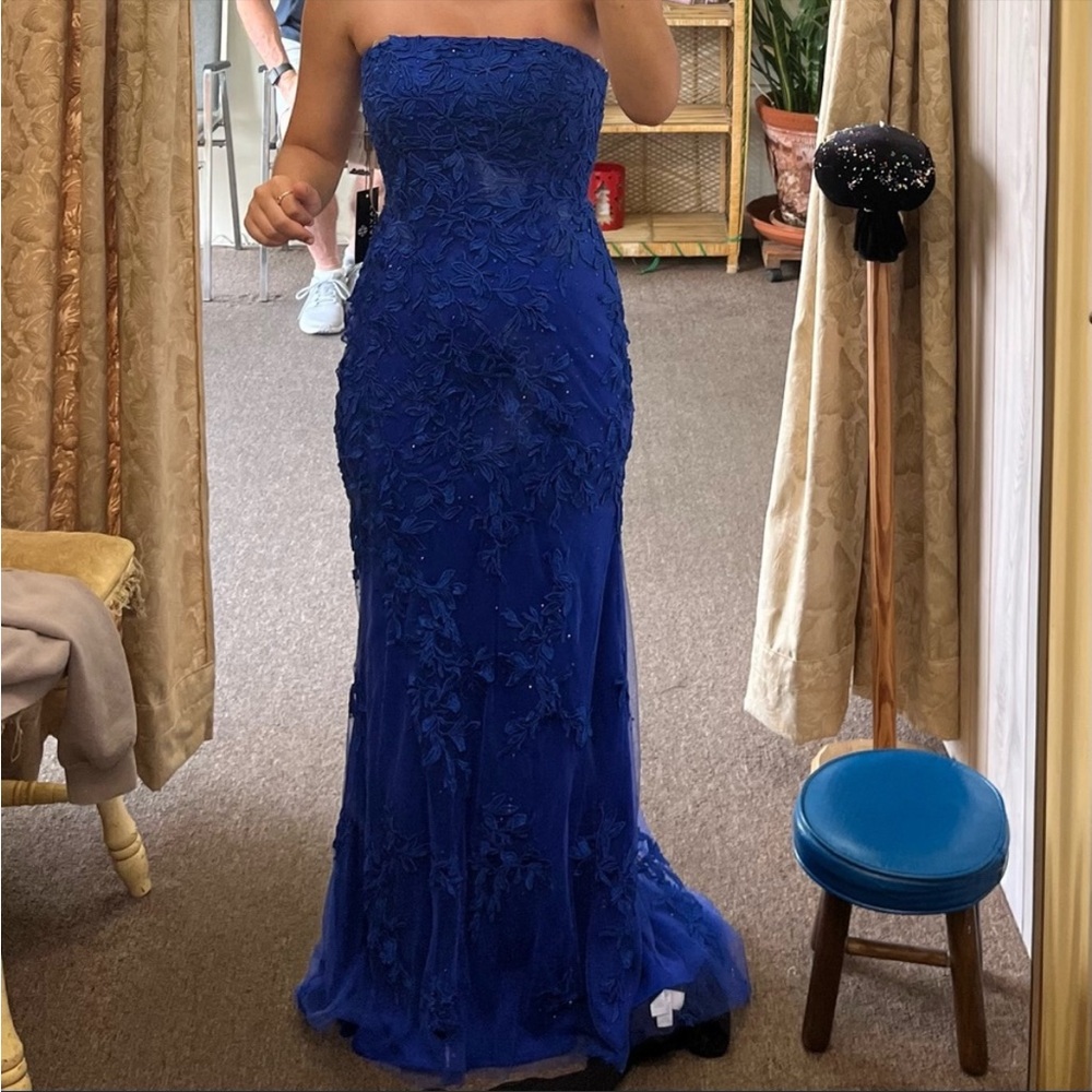 size 2 blue prom dress, altered to fit 5’2 person in heels